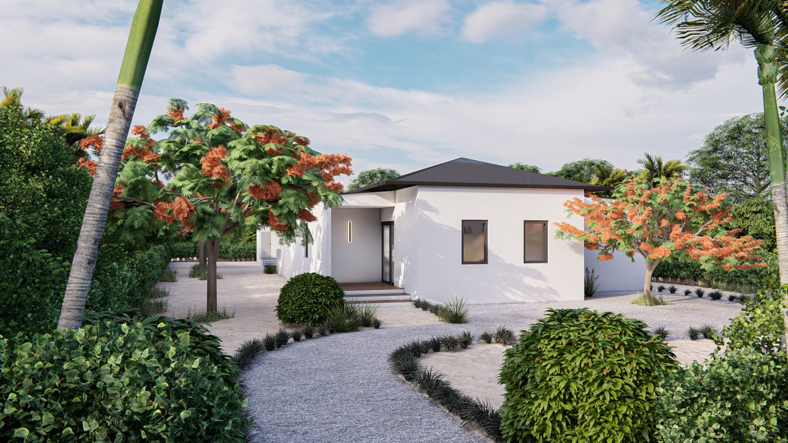 Front approach through a gravel garden with flowering trees