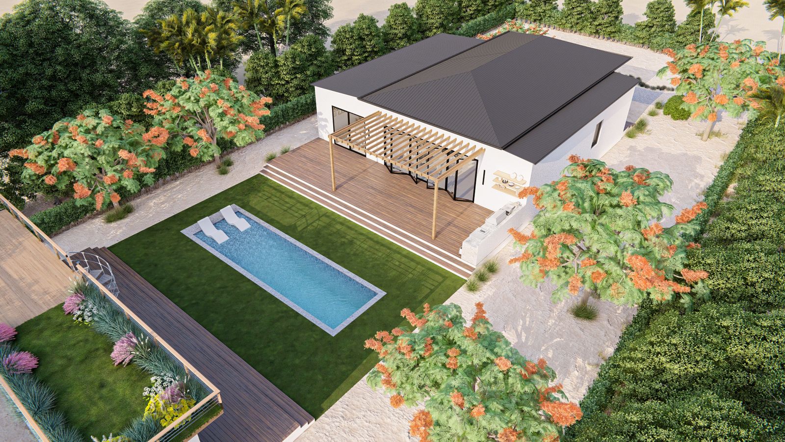 Aerial view of the home, deck, and pool on a walled lot