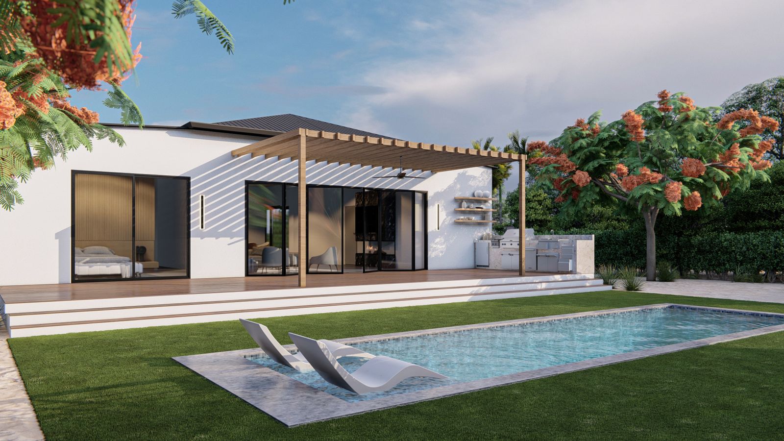 A white single-story container home with a pergola, lawn, and pool under palm trees