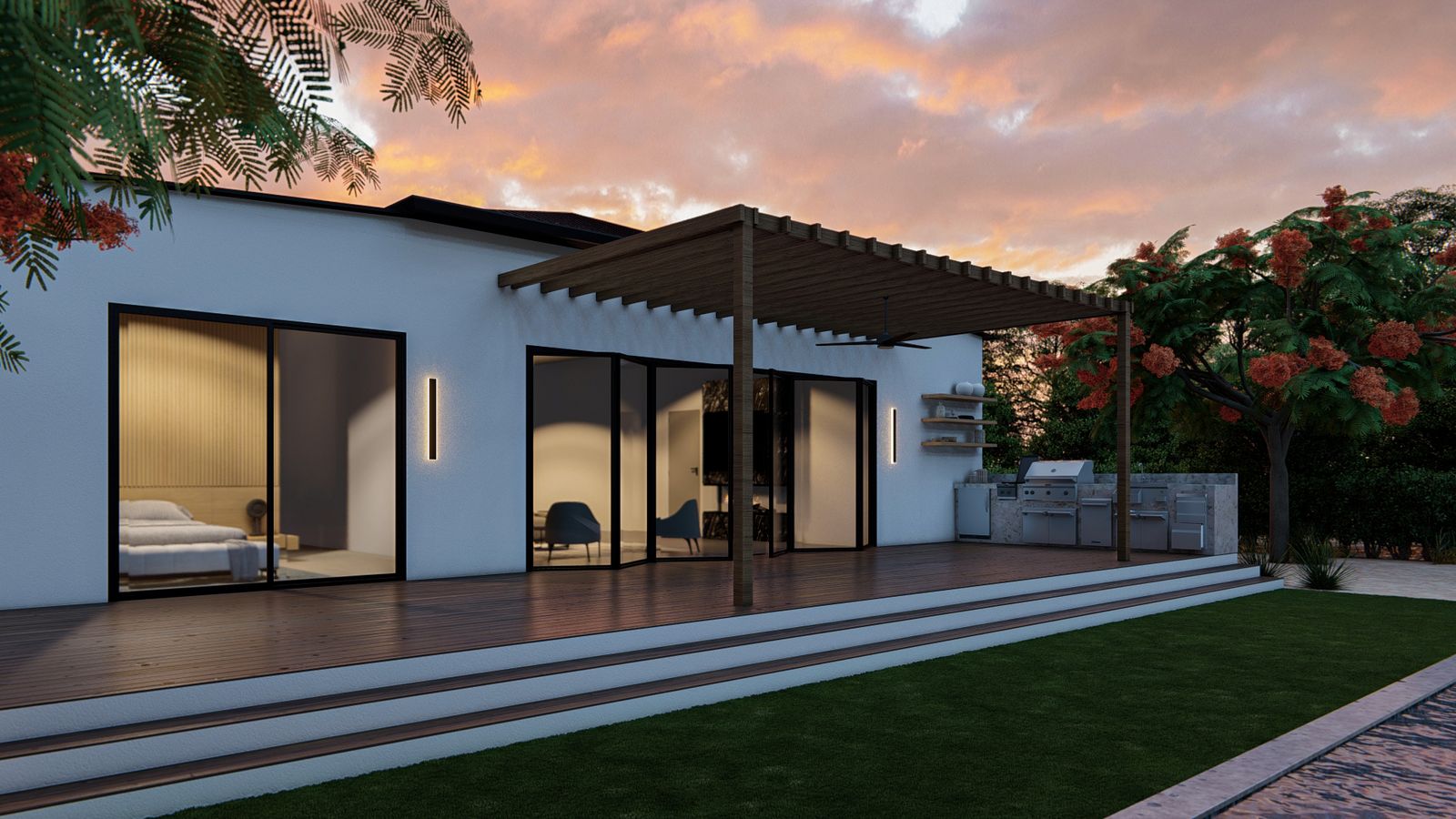 A white container home at sunset with glass sliders, a pergola, and a lawn