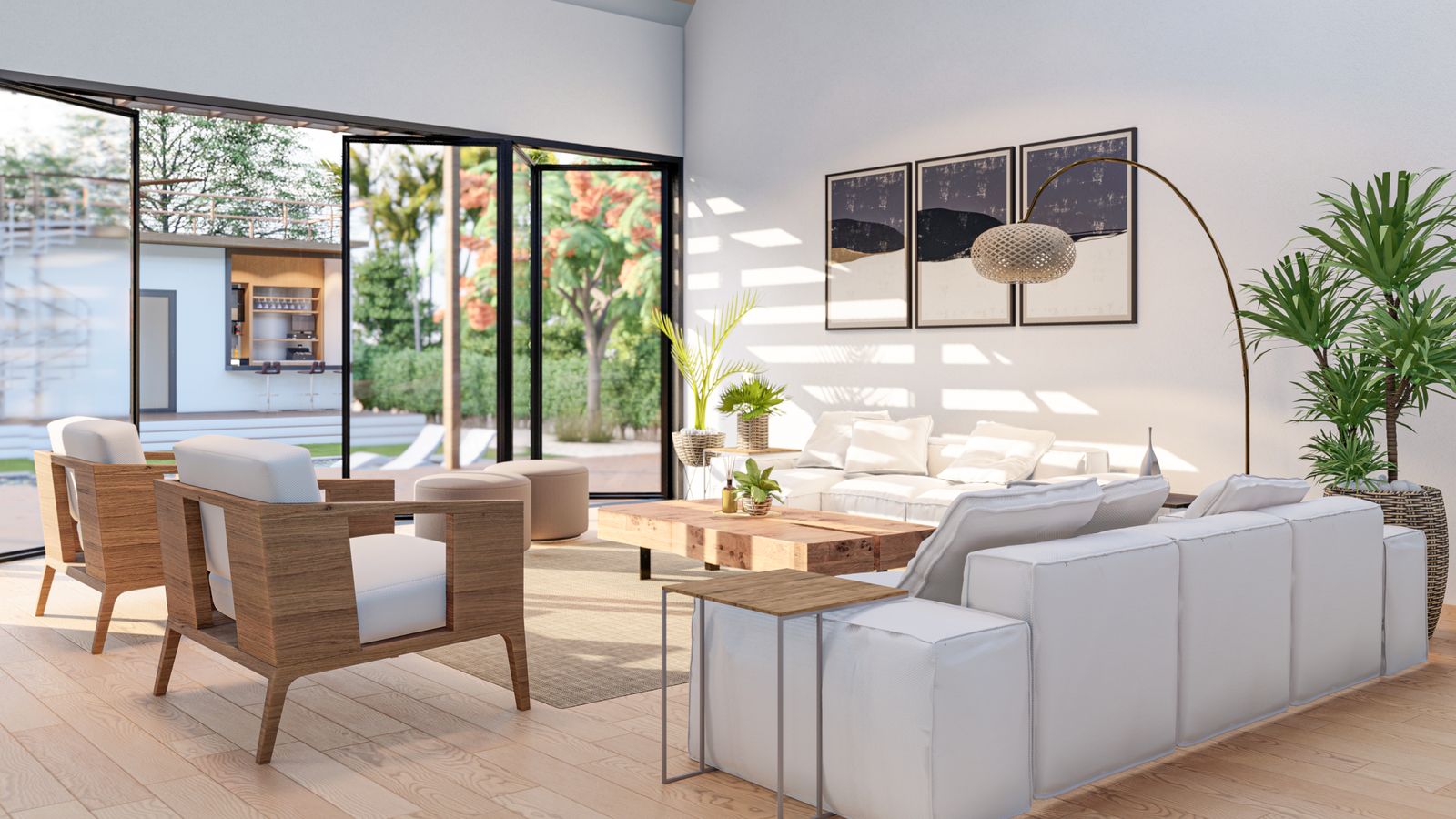 Living room with sliding glass doors open to the garden