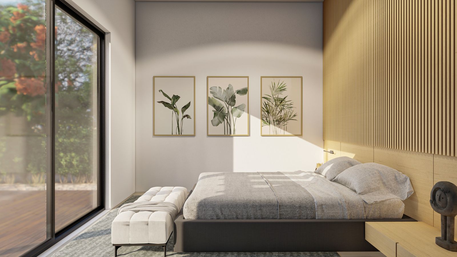 Primary bedroom with a wood slat wall and platform bed