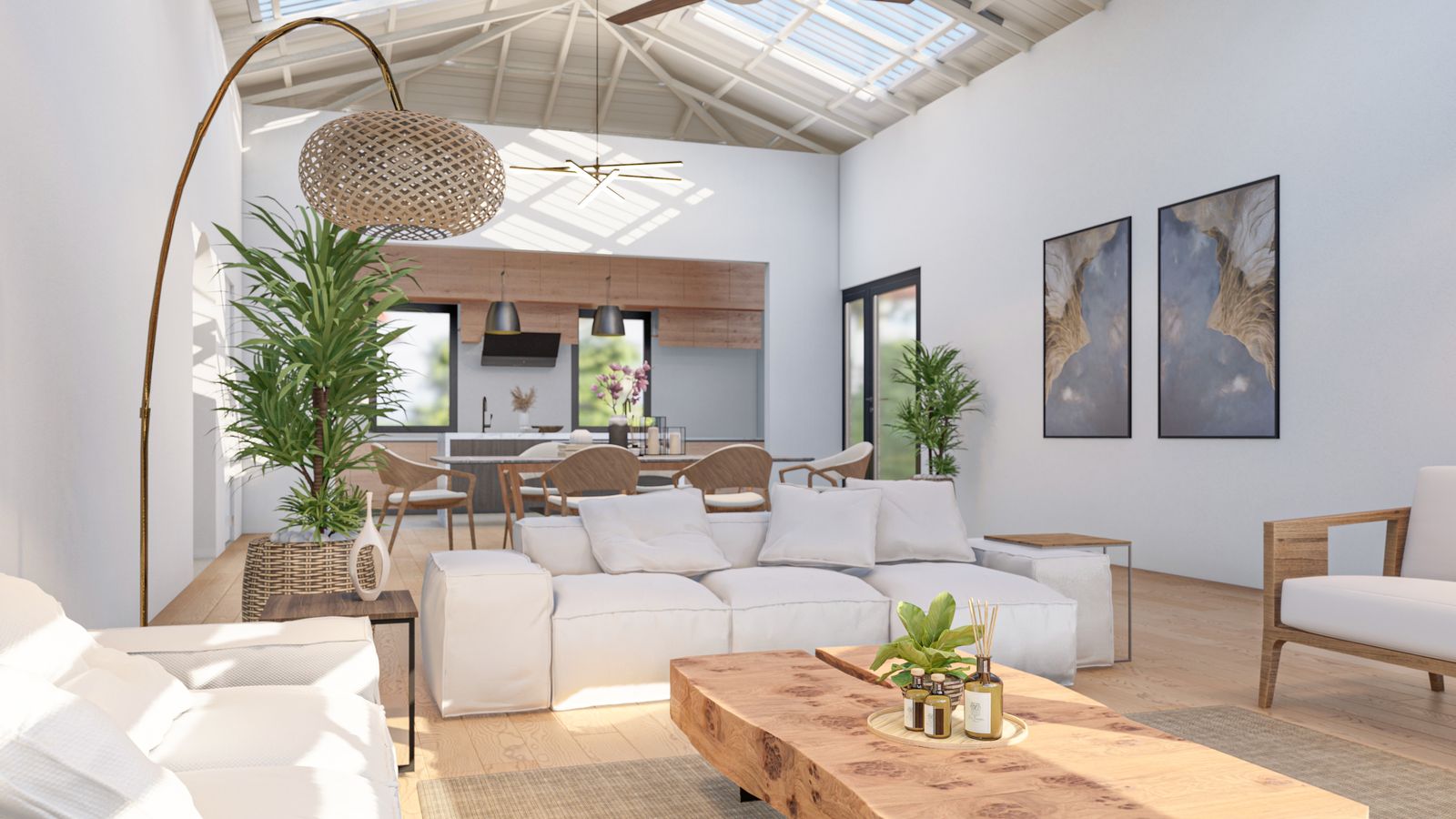 Great room from the entry, with skylights and pendant lamp