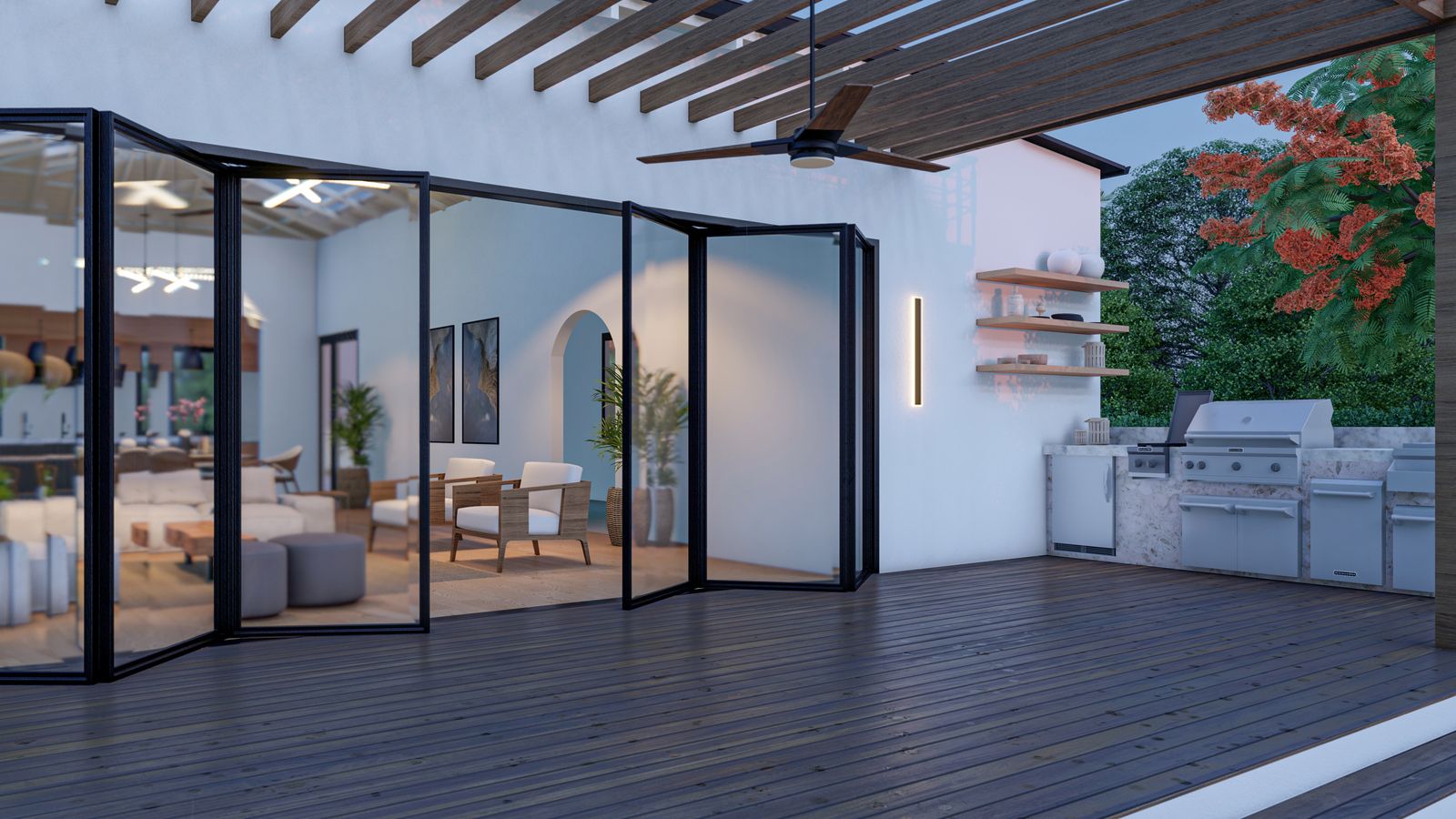 Deck at dusk seen through the folding glass wall