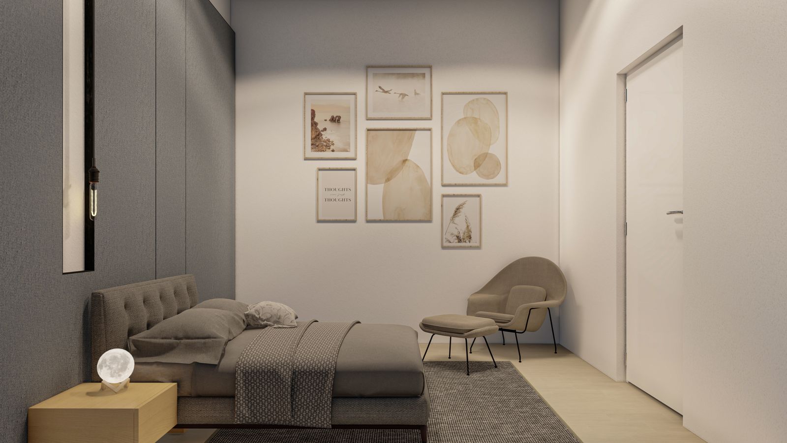 Guest bedroom with a gallery wall and reading chair