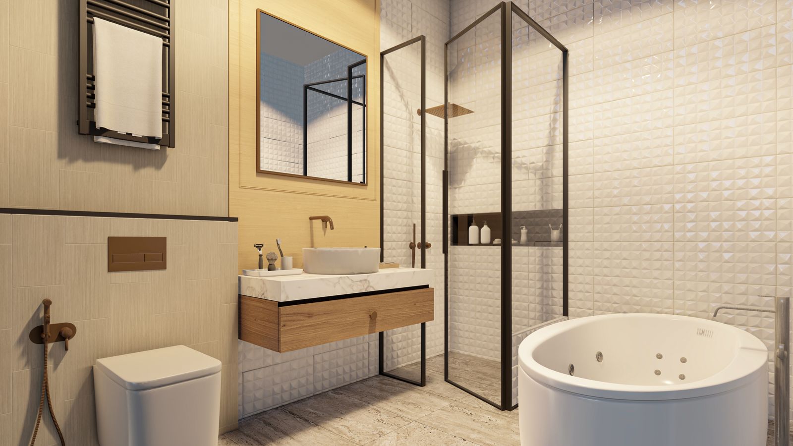 Bathroom with a soaking tub, glass shower, and floating vanity