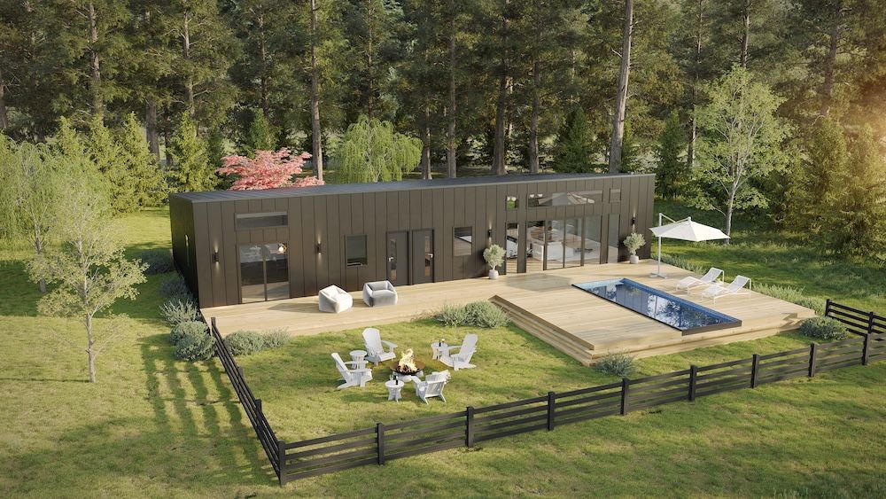 Oak Forest rear with pool and lounge chairs