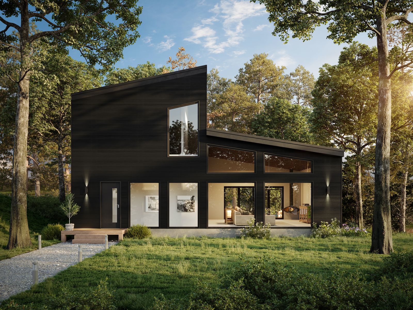 Oak Hollow, a black shed-roof home with full-height glass, in a clearing